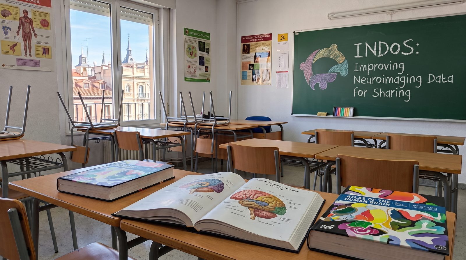 Illustration of a sunlit Madrid classroom with desks, open human-brain atlases, and a chalkboard bearing the INDoS logo and the words 'INDoS: Improving Neuroimaging Data for Sharing'.